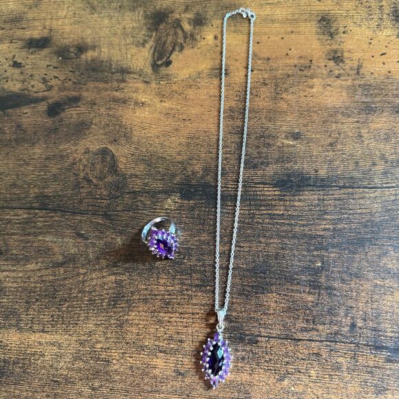 Vintage Estate Amethyst Pendant & Ring Set 925 Sterling Silver Marquise Size 9 - Picture 8 of 17